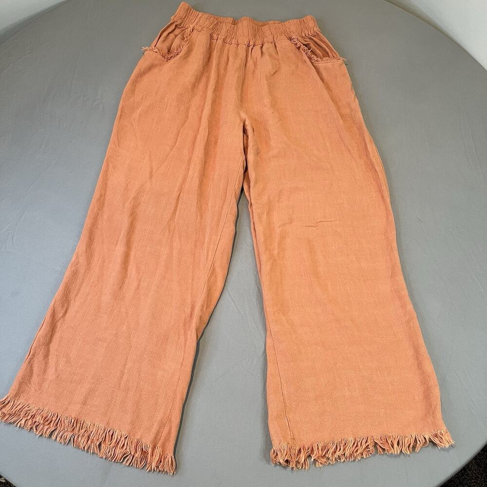 Umgee Small Orange Wide Leg Linen Blend Elastic Waist Freyed Hem Pants Pockets